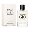 Na zdjęciu widoczna jest butelka perfum oraz pudełko z napisem "Acqua di Giò Giorgio Armani Eau de Parfum". Na pudełku znajduje się dodatkowy tekst: "Vaporisateur Rechargeable Refillable Spray" oraz oznaczenie pojemności "e 75 ml 2.5 FL. OZ.".