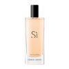 Butelka perfum o prostokątnym kształcie z czarnym korkiem, na której widnieje napis "Sì" oraz "eau de parfum". Na dole butelki znajduje się napis "GIORGIO ARMANI".