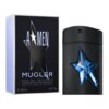 Czarne opakowanie z napisem "A*MEN" i "MUGLER" oraz flakon perfum z niebieską gwiazdą na froncie. Na opakowaniu widnieje tekst: "EAU DE TOILETTE VAPORISATEUR RECHARGEABLE REFILLABLE SPRAY 100 ml 3.3 Fl. Oz".