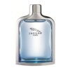 Butelka wody toaletowej o pojemności 75 ml z przezroczystego szkła, wypełniona niebieskim płynem, z metalicznym korkiem. Na butelce widoczne jest logo z napisem "JAGUAR CLASSIC".