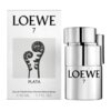 Na zdjęciu widoczna jest butelka i pudełko perfum z napisem "LOEWE 7 PLATA". Na pudełku znajduje się czarno-biały obrazek przedstawiający dwa spiralne kształty, a poniżej napis "Eau de Toilette Pour Homme Natural Spray e 50 ML. 1.7 FL. OZ.".