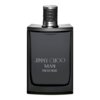 Ciemna butelka perfum z napisem "JIMMY CHOO MAN INTENSE" na przedniej stronie. Korek butelki ma teksturę przypominającą skórę.