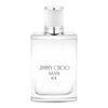 Na zdjęciu widoczna jest butelka perfum o nazwie "Jimmy Choo Man Ice" z białym, teksturowanym korkiem i srebrnymi akcentami. Na przedniej stronie butelki znajduje się napis: "JIMMY CHOO MAN ICE".