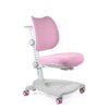 Różowy fotel dla dziecka wykonany z tkaniny i siatki, z białą, regulowaną podstawą i różowymi kółkami. Fotel posiada ergonomicznie wyprofilowane oparcie i siedzisko.