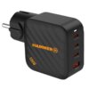 Czarna ładowarka sieciowa z logo "HAMMER" i oznaczeniem "100W" na obudowie, posiada cztery porty: trzy oznaczone jako "DC-C1", "DC-C2", "DC-C3" oraz jeden "USB-A".