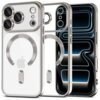 Przezroczysto-srebrne etui TECH-PROTECT MagFlex MagSafe do Apple iPhone 17 Pro z widocznym okrągłym wzorem na tylnej części oraz wycięciami na aparat i przyciski. Na etui znajduje się logo w kształcie nadgryzionego jabłka.