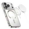 Przezroczysto-srebrne etui TECH-PROTECT MagFlex MagSafe do Apple iPhone 17 Pro jest pokazane z widocznym okrągłym wzorem MagSafe na tylnej części. Obok etui znajduje się okrągły, biały element sugerujący kompatybilność z ładowaniem bezprzewodowym.