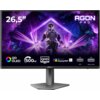 Monitor z wyświetlaczem przedstawiającym postać w futurystycznym stroju na tle kosmicznej scenerii, z widocznymi napisami: "26,5"", "AGON PRO", "QD OLED", "500Hz", "QHD", "VESA CERTIFIED DisplayHDR 500", "HDMI", "DISPLAY PORT". Na dolnej ramce monitora znajduje się logo "AGON".