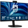 Na zdjęciu widoczny jest monitor z logo "PHILIPS" na tle niebieskiego, dynamicznego wzoru. Na ekranie znajdują się ikony i teksty: "32'' 80 cm", "Quad HD", "100Hz", "CompactErgo Base", "SoftBlue Technology", "Pop-up Webcam", "5 yrs warranty".