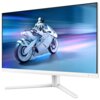 Monitor o białej ramce i podstawie, wyświetlający obraz futurystycznego motocykla z postacią w zbroi na tle dynamicznych, niebiesko-różowych smug. Na dolnej ramce widoczne są napisy "EVNIA" i "PHILIPS".