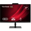 Monitor z czarną ramką i czerwonym tłem na ekranie, z widocznymi napisami: "ViewSonic", "USB-C", "2K QHD", "27”". Na ekranie znajduje się również logo z trzema kolorowymi ptakami.