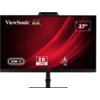 Monitor z czarną ramką i czerwonym tłem na ekranie, z widocznymi napisami: "ViewSonic", "27”", "USB-C", "2K QHD" oraz logo producenta. Na dole ekranu znajdują się przyciski sterujące.