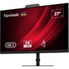 Monitor z czarną ramką i czerwonym tłem na ekranie, z widocznymi napisami: "ViewSonic", "USB-C", "2K QHD" oraz "27"". Na górze ekranu znajduje się kamera.