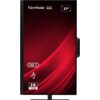 Monitor z czarną ramką, na ekranie widoczne jest logo "ViewSonic" oraz napis "27”" w górnym rogu, a także symbole "USB-C", "2K QHD" i ikona regulacji wysokości na czerwonym tle.