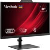 Monitor z czarną ramką i czerwonym tłem na ekranie, z widocznym logo "ViewSonic" oraz grafiką trzech kolorowych ptaków. Na ekranie znajdują się napisy: "USB-C", "120 Hz" oraz "24"".