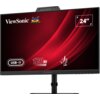 Monitor z czarną ramką i czerwonym tłem na ekranie, na którym widoczne są napisy: "ViewSonic", "24”", "USB-C", "120 Hz". Na górze ekranu znajduje się kamera, a na dole logo ViewSonic.