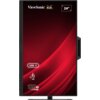 Monitor z czerwonym tłem na ekranie, z widocznymi napisami: "ViewSonic", "24”", "USB-C", "120 Hz". Na górze ekranu znajduje się logo z trzema kolorowymi ptakami.