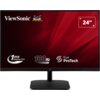 Monitor z czarną ramką i podstawą, na ekranie widoczne logo "ViewSonic" oraz kolorowe ptaki, a także napisy: "1ms Response Time", "100Hz", "Eye ProTech" i "24"". Tło ekranu jest czerwone z geometrycznymi wzorami.