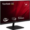 Monitor z czarną ramką i podstawą, na ekranie widoczne logo "ViewSonic" oraz kolorowe ptaki, a także napisy: "1ms Response Time", "100Hz", "Eye ProTech" i "24"". Tło ekranu jest czerwone z geometrycznymi wzorami.