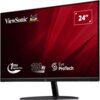 Monitor z czarną ramką i czerwonym tłem na ekranie, na którym widoczne są napisy: "ViewSonic", "1ms Response Time", "100Hz", "Eye ProTech" oraz "24"".