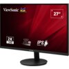 Monitor z czarną ramką i okrągłą podstawą, na ekranie widoczne logo "ViewSonic" oraz kolorowe ptaki, a także napisy: "2K QHD", "75 Hz", "IPS SuperClear" i "27"". Tło ekranu jest czerwone z geometrycznymi wzorami.