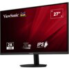 Monitor z czarną ramką i podstawą, na ekranie widoczne logo "ViewSonic" oraz napisy: "2K QHD", "75 Hz", "IPS SuperClear", "27"". Tło ekranu jest czerwone z geometrycznymi wzorami.