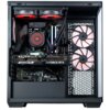 Obraz przedstawia wnętrze komputera stacjonarnego z widocznymi komponentami, takimi jak karta graficzna z napisem "GIGABYTE GEFORCE RTX", chłodzenie z logo Corsair oraz podświetlane wentylatory. Wnętrze obudowy jest dobrze zorganizowane, z widocznymi przewodami i elementami płyty głównej.