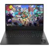 Laptop z kolorowym ekranem wyświetlającym grafikę z napisem "HI-FI RUSH" oraz logo "GAME PASS", z podświetlaną klawiaturą i widocznym napisem "OMEN" poniżej ekranu. Na obudowie znajduje się logo producenta.