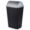 Czarny, plastikowy kosz na śmieci o pojemności 38 litrów z szarym, zaokrąglonym wiekiem. Na wieczku znajduje się zielone logo z napisem "100% RECYCLED".