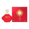 Czerwony flakon perfum o eleganckim kształcie z napisem "Turathi" oraz "AFNAN" na przodzie, obok czerwonego pudełka z ozdobnym złotym wzorem i napisami "AFNAN", "Eau de Parfum", "e 90ML", "3.0 FL.OZ".