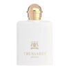 Biały flakon perfum z złotym korkiem, na którym widnieje złote logo z napisem "DAL 1911" oraz tekst "TRUSSARDI DONNA".