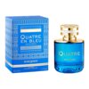 Niebieskie opakowanie i flakon perfum z napisem "QUATRE EN BLEU EAU DE PARFUM" oraz "BOUCHERON PARIS". Na opakowaniu widnieje informacja "50 ml e 1.7 fl. oz." oraz "POUR FEMME VAPORISATEUR - NATURAL SPRAY".