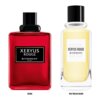 Dwa flakony perfum, z lewej czerwony z czarną etykietą z napisem "Xeryus Rouge Givenchy Paris", z prawej przezroczysty z jasnym płynem i białą etykietą z napisem "Xeryus Rouge Givenchy". Pod flakonami znajdują się napisy: "Before" i "New Timeless Design".