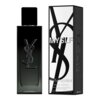 Czarne opakowanie perfum z dużym logo "YSL" oraz napisem "EAU DE PARFUM" obok białego pudełka z napisem "MYSLF" i "YVES SAINT LAURENT". Na pudełku widnieje również tekst "VAPORISATEUR RECHARGEABLE REFILLABLE SPRAY 2.0 fl. oz. 60 ml".