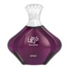 Fioletowy flakon perfum o eleganckim, zaokrąglonym kształcie z metalicznym srebrnym korkiem, na którym widnieje napis w języku arabskim oraz "Turathi" i "AFNAN".