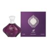 Fioletowy flakon perfum o eleganckim kształcie z napisem "Turathi" i "AFNAN" obok fioletowego pudełka z białym wzorem i napisem "AFNAN Eau de Parfum 90ML 3.0 FL.OZ".