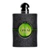 Czarno-zielona butelka perfum z napisem "BLACK OPIUM Yves Saint Laurent" na zielonym tle, z czarnym, błyszczącym korkiem. Na korku widoczny jest napis "Yves Saint Laurent".