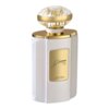Biały flakon perfum z przezroczystym, ozdobnym korkiem i złotymi elementami, na którym znajduje się złota etykieta z napisem: "HARAMAIN Junoon Rose POUR FEMME EAU DE PARFUM".