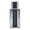 Na zdjęciu widoczna jest butelka wody toaletowej o pojemności 100 ml z napisem "FERRAGAMO" na ciemnym tle. Butelka ma elegancki, prostokątny kształt z metalicznym korkiem.