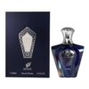 Ciemnoniebieskie opakowanie z ozdobnym wzorem zawiera napis "Afnan Turathi" oraz informacje: "e 90ML Eau de Parfum 3.0 FL.OZ". Obok znajduje się flakon perfum o błyszczącej, wielokątnej powierzchni z napisem "Afnan Turathi".