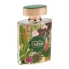 Butelka perfum o pojemności 100 ml z zielonym korkiem i złotymi elementami, ozdobiona kolorowymi motywami roślinnymi. Na etykiecie widnieje napis: "HARAMAIN Green Dubai EXTRAI DE PARFUM".