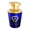 Niebieska butelka perfum z złotym korkiem, ozdobiona złotym logo w kształcie lwa i napisem: "Al Haramain Azlan Oud, Bleu Edition, 100ml, Extrait de Parfum". Korek ma zdobienia i napis na górze.