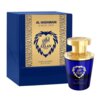 Niebieskie opakowanie z napisem "AL HARAMAIN SINCE 1970" oraz "AZLAN OUD EXTRAT DE PARFUM BLEU EDITION" w złotym kolorze, obok znajduje się flakon perfum w kolorze niebieskim z ozdobnym złotym korkiem i podobnym napisem.