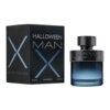Czarne opakowanie z napisem "HALLOWEEN MAN X" oraz hasłem "EXPLORE YOUR LIMITS" obok ciemnoniebieskiego flakonu perfum z wytłoczonym napisem "HALLOWEEN". Na opakowaniu widoczne są oznaczenia "e 75 ml" oraz "2.5 US FL.OZ".