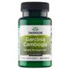 Zielona butelka z czarną zakrętką zawiera suplement diety SWANSON Garcinia Cambogia, z napisem "Weight Management" oraz "5:1 Extract" na etykiecie, a także informacją "HERBAL SUPPLEMENT | 60 CAPSULES".