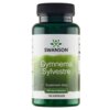 Butelka z ciemnozielonego plastiku z czarną nakrętką, na której widnieje etykieta z napisem: "SWANSON Gymnema Sylvestre, Suplement diety, 400 mg w kapsułce, 100 KAPSUŁEK". Na etykiecie znajduje się również zielony motyw graficzny.