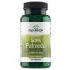 Zielona butelka z czarną zakrętką, na której etykiecie widnieje napis: "SWANSON Saw Palmetto, Suplement diety, 540 mg w kapsułce, 100 KAPSUŁEK". Etykieta ma biało-zielone tło z logo przedstawiającym stylizowane liście.