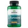 Zielona butelka z czarną zakrętką, na której widnieje logo "SWANSON" oraz napis "L-Tyrosine". Na etykiecie znajduje się tekst: "Stress Support", "500 mg per capsule", "DIETARY SUPPLEMENT", "100 CAPSULES".