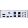 Tylny panel płyty głównej z różnymi portami, w tym HDMI, DisplayPort, USB 5G, USB 20G, portem sieciowym 2.5G oraz złączami audio oznaczonymi jako MIC IN, OUT i IN. Na panelu widoczne jest logo producenta.