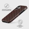 Etui BURGA Tough MagSafe do Apple iPhone 16 "Sorry Busy" ma błyszczącą, odporną na zarysowania powierzchnię z wzorem w żółte kropki na brązowym tle. Widoczne są napisy: "Błyszcząca, odporna na rysy powierzchnia" oraz "Dostęp do wszystkich gniazd".